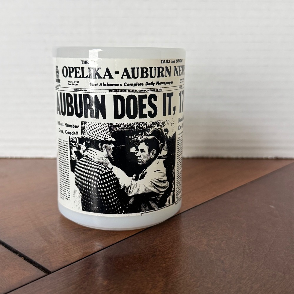 Vintage Auburn Tigers 1972 Iron Bowl Victory Milk Glass Mug Opelika-Auburn News